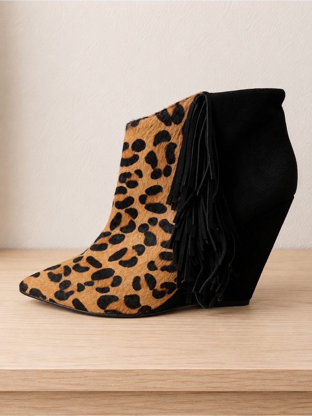 Betsey Johnson Leopard Haircalf Fringe Wedge Ankle Boot - Black & Tan